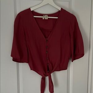 Dark Pink Button-Down Crop Top with Tie